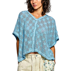 POL Crochet Lace Floral Oversized Blouse V-Neck Light Blue Short Sleeve Casual T