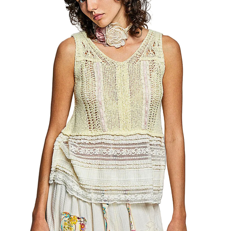 POL Crochet Lace Sweater Vest V-Neck Lemon Woven Lightweight Summer Boho Top