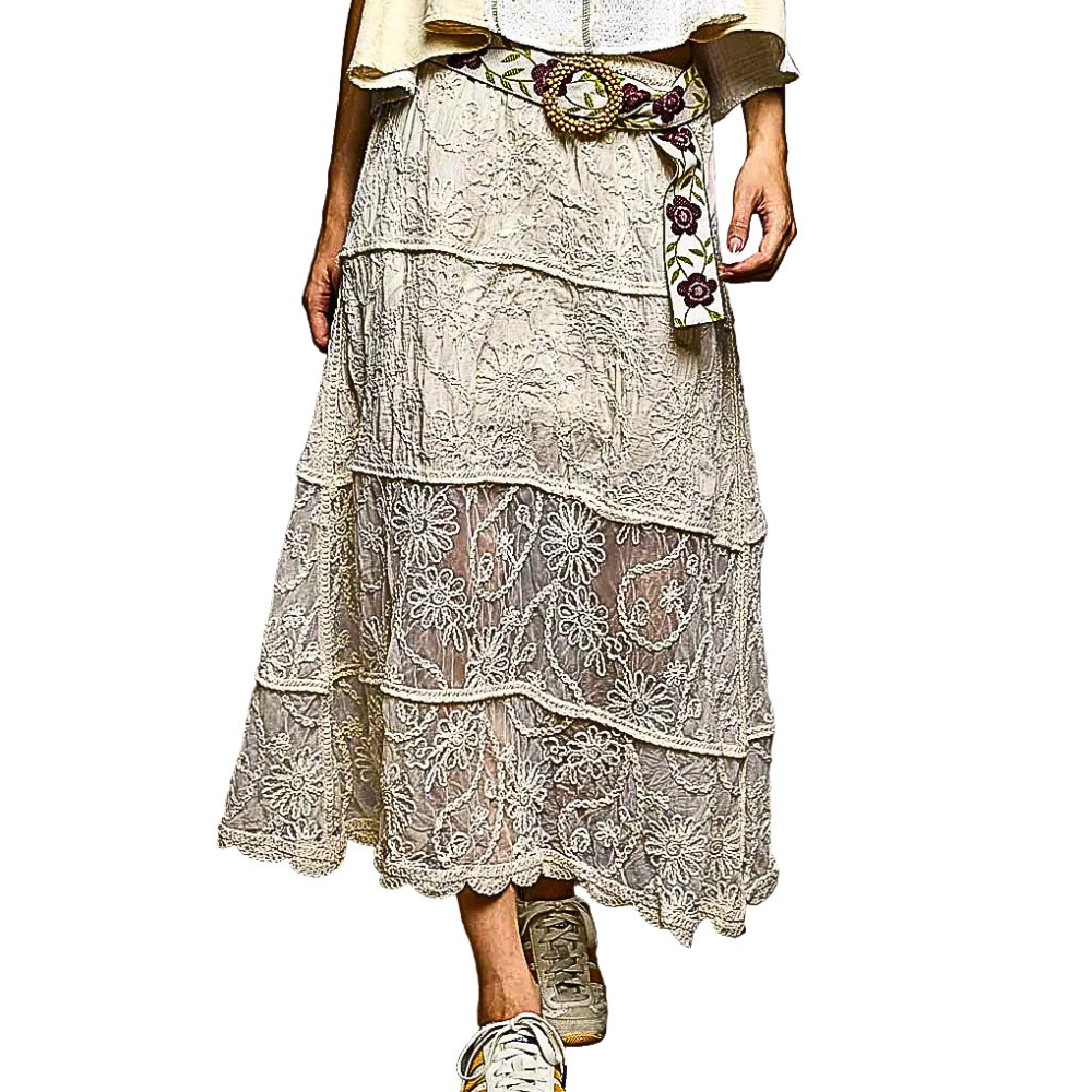 POL Crochet Midi Skirt Floral Lace Embroidered Layered Boho Style Ruffle Drawstring