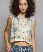 POL Embroidered Floral Cropped Crochet Vest