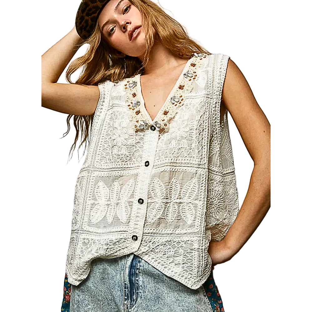 POL Crochet Vest Oversized V-Neck Lace Trim Beaded Floral Embroidered Off White