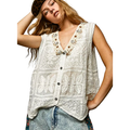 POL Crochet Vest Oversized V-Neck Lace Trim Beaded Floral Embroidered Off White