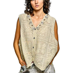 POL Crochet Vest Oversized V-Neck Lace Trim Beaded Floral Embroidered Sleeveless