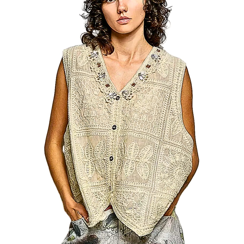 POL Crochet Vest Oversized V-Neck Lace Trim Beaded Floral Embroidered Sleeveless
