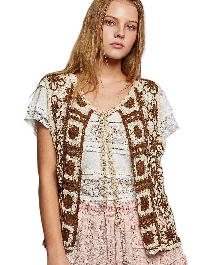 POL Crochet Vest Tie Front Choco Floral with Scalloped Edge Women Sleeveless Top - Styleinger
