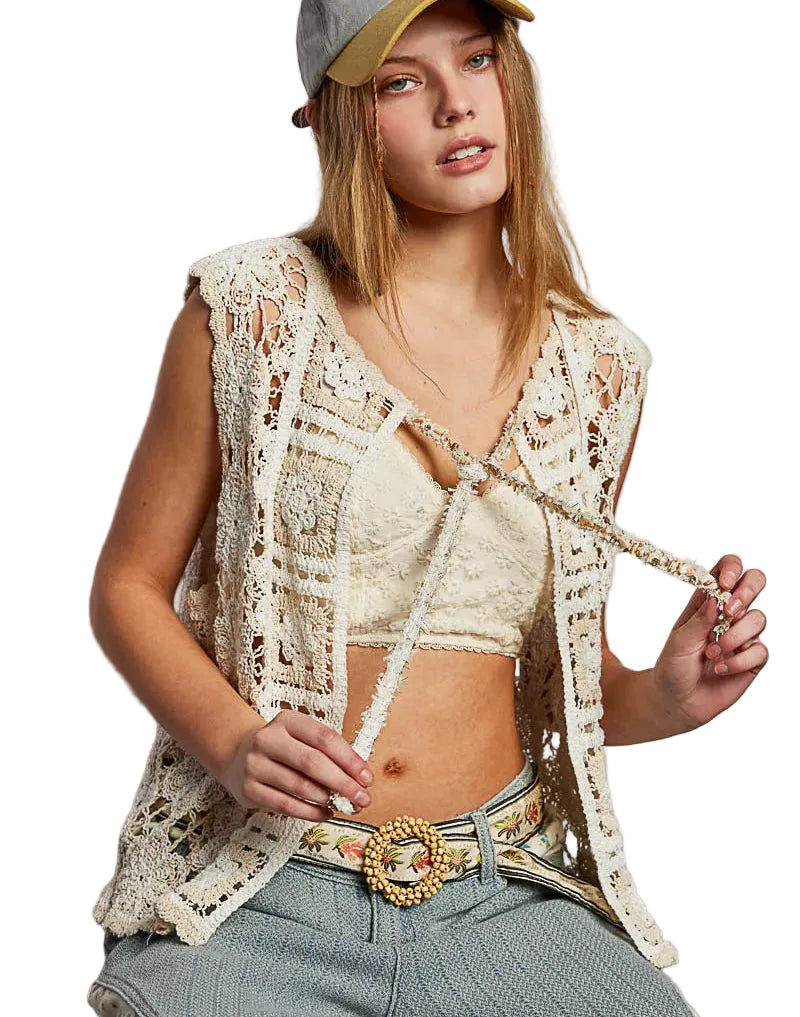 POL Crochet Vest Tie Front Floral Off White with Scalloped Edge Women’s Top - Styleinger