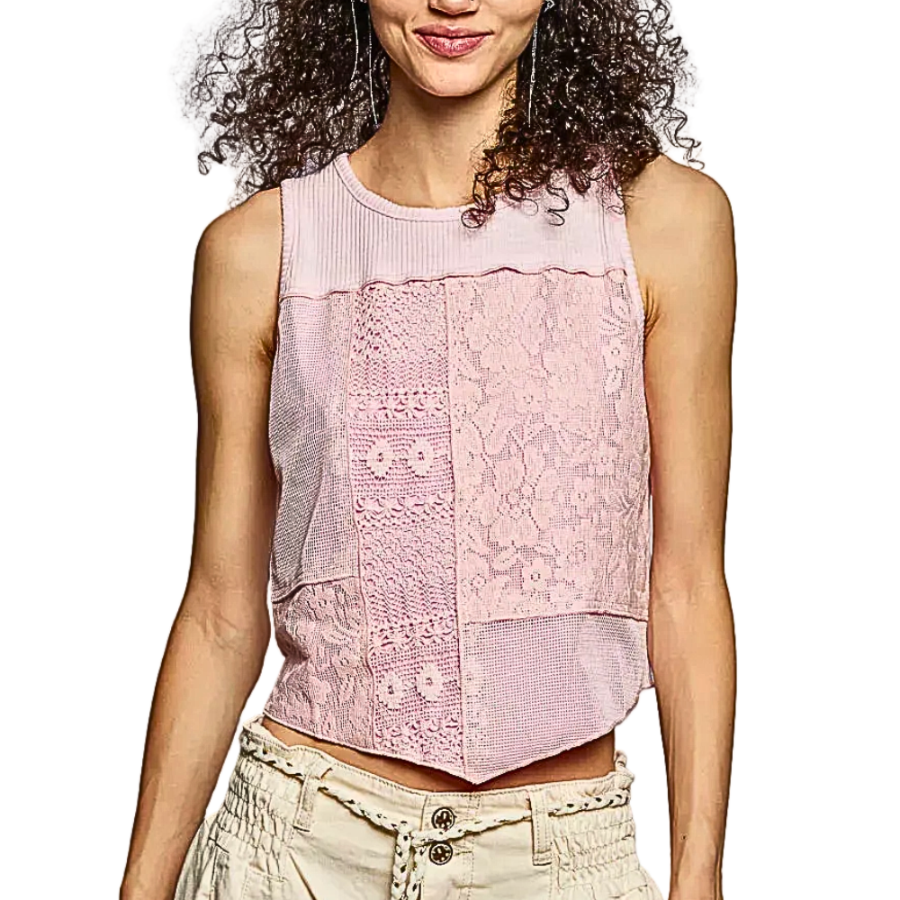 POL Crop Sleeveless Blouse Floral Lace Patch Blush Pink Round Neck Tank Top