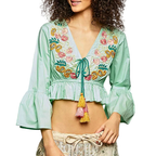 POL Cropped Blouse Floral Embroidered V-Neck Tassel Mint Green Ruffle 3/4 Sleeve Boho
