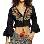 POL Cropped Blouse Floral Embroidered V-Neck Tassel Black Ruffle 3/4 Sleeve