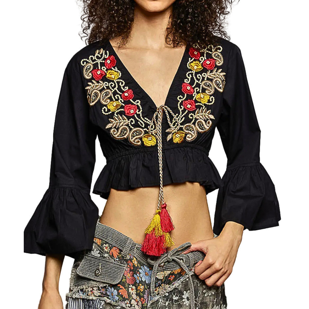 POL Cropped Blouse Floral Embroidered V-Neck Tassel Black Ruffle 3/4 Sleeve