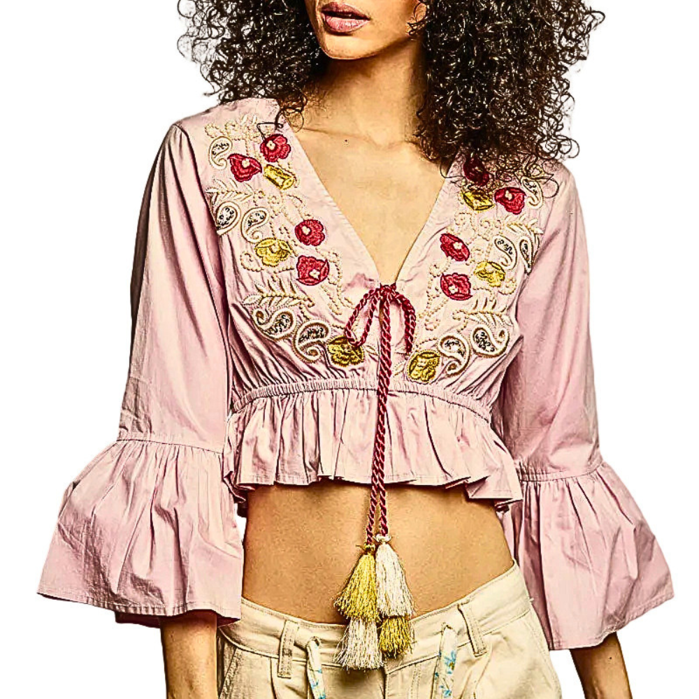 POL Cropped Blouse Pink Floral Embroidered V-Neck Tassel 3/4 Ruffle Sleeve Boho Top