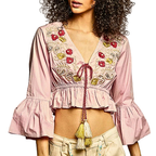 POL Cropped Blouse Pink Floral Embroidered V-Neck Tassel 3/4 Ruffle Sleeve Boho Top