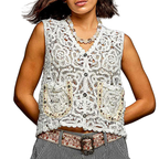 POL Gehäkelte Cropped-Weste V-Ausschnitt Knopfleiste Off-White Blumenmuster Ärmelloses Boho-Taschen-Top