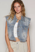 POL Denim Vest Assymetrical Front Closure Raw Hem Womens Outwear DENIM POL_Denim_Vest_Assymetrical_Front_Closure_Raw_Hem_Womens_Outwear Trendsi