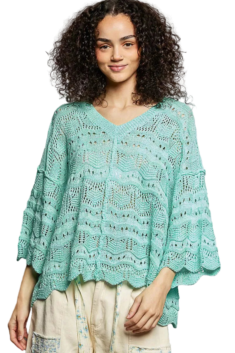 POL Drop Shoulder V-Neck Knit Top with Scalloped Hem