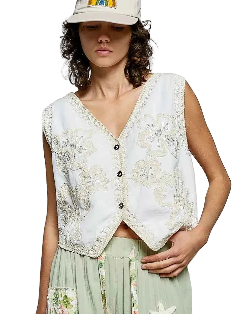 POL Embroidered Floral V-Neck Button Down Crochet Vest – Women’s Boho Top