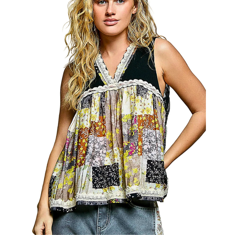 POL Floral Black Tank Top V-Neck Lace Back Design Sleeveless Boho Ruffle Blouse