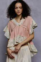 POL Floral Blouse V-Neck Short Sleeve Ruffled Double Gauze Top Embroidered SALMON PINK POL_Floral_Blouse_V-Neck_Short_Sleeve_Ruffled_Double_Gauze_Top_Embroidered Trendsi