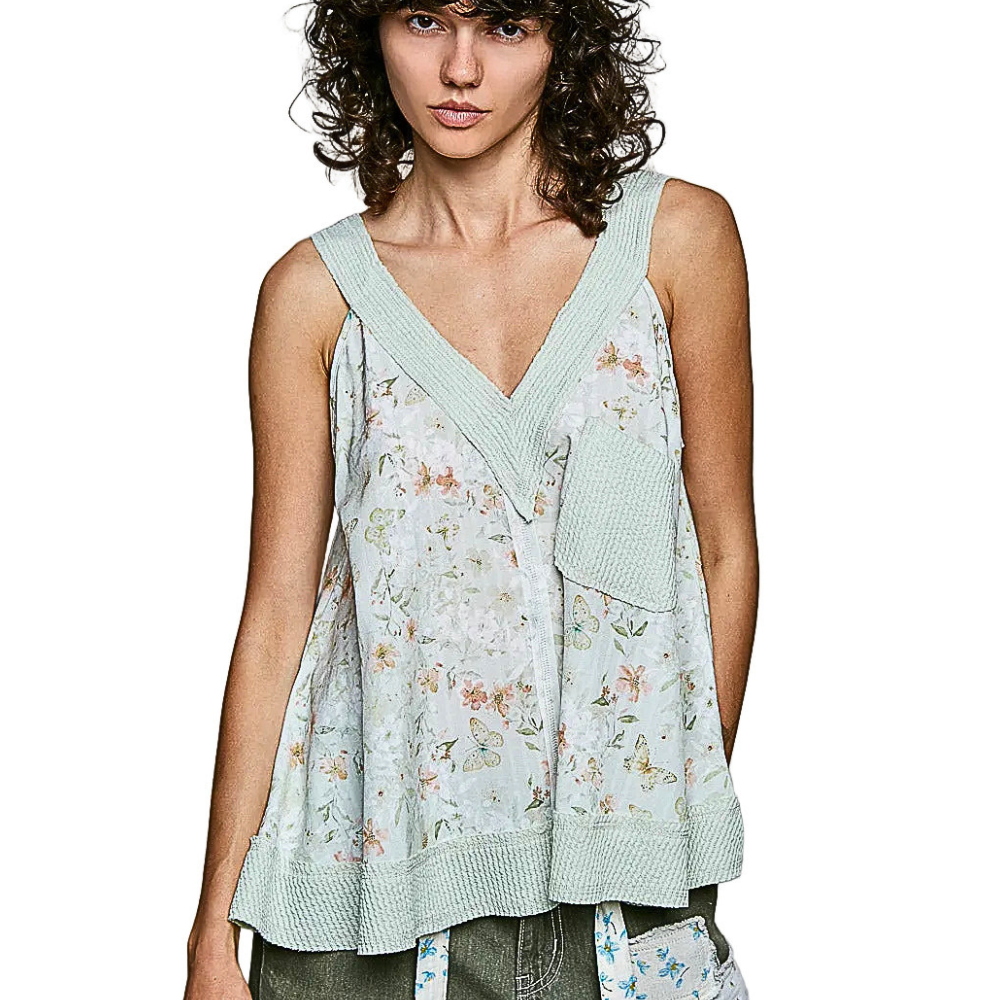 POL Floral Casual Tank Top Sleeveless V-Neck Trim Ruffle Front Pocket Top
