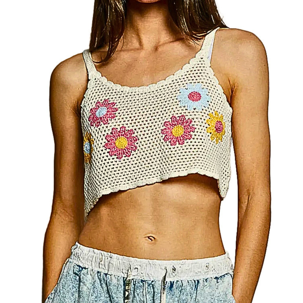 POL Floral Crochet Tank Top Cropped Ivory Lace Ruffle Trim Scoop Neck Blouse