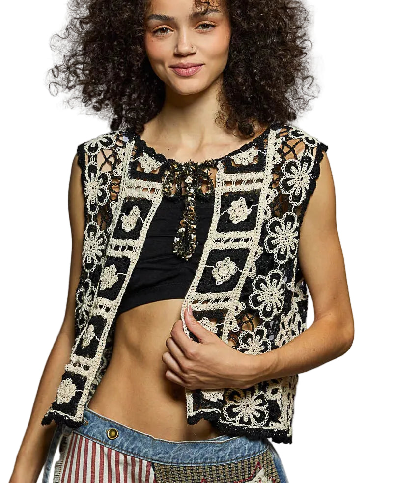 POL Floral Crochet Tie Front Vest Black with Scalloped Edge Women’s Boho Top - Styleinger