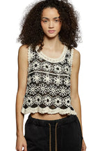 POL Floral Crochet Top Cropped Sleeveless with Scalloped Edge Black Beige