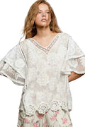 POL Floral Crochet V-Neck Short Sleeve Blouse Women’s Boho Scalloped Hem Top