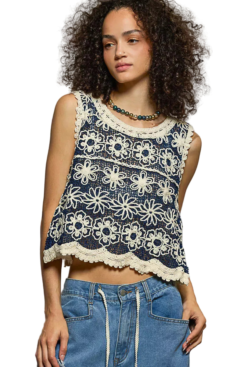 POL Floral Cropped Crochet Round Neck Sleeveless Top with Scalloped Edge