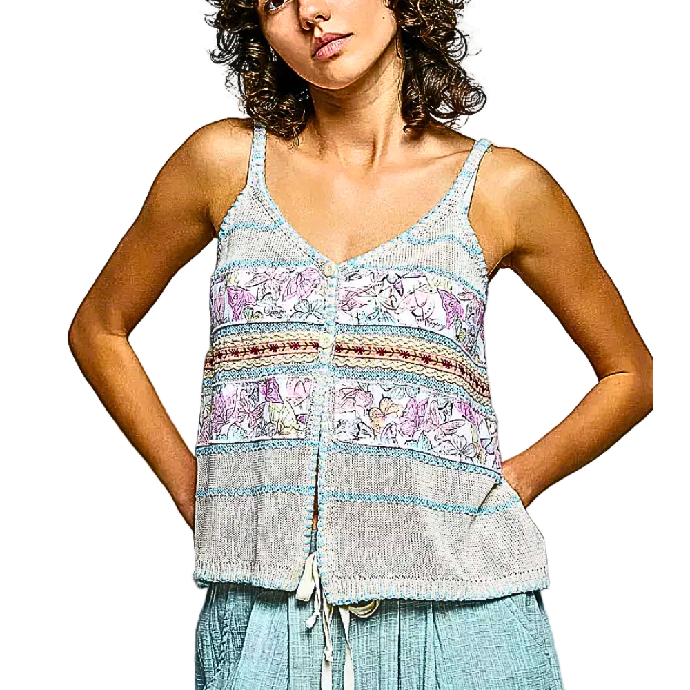 POL Floral Knit Cami Top V-Neck Trim Buttoned Stripe Contrast Stitch Tank Blouse
