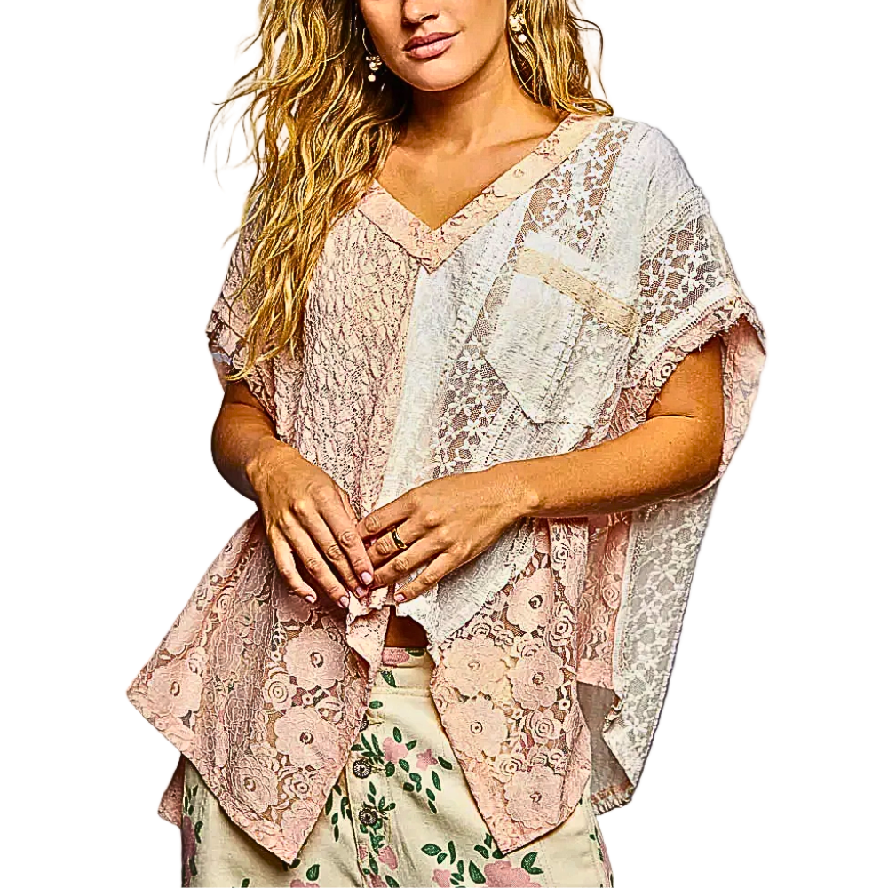 POL Floral Lace Blouse V-Neck Asymmetrical Oversized Short Sleeve Pink Boho Top