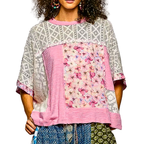 POL Floral Oversized Blouse Lace Patch Candy Pink Round Neck Short Sleeve Loose Top