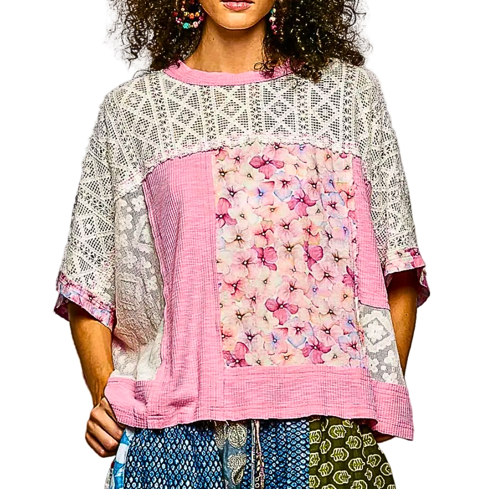 POL Floral Oversized Blouse Lace Patch Candy Pink Round Neck Short Sleeve Loose Top