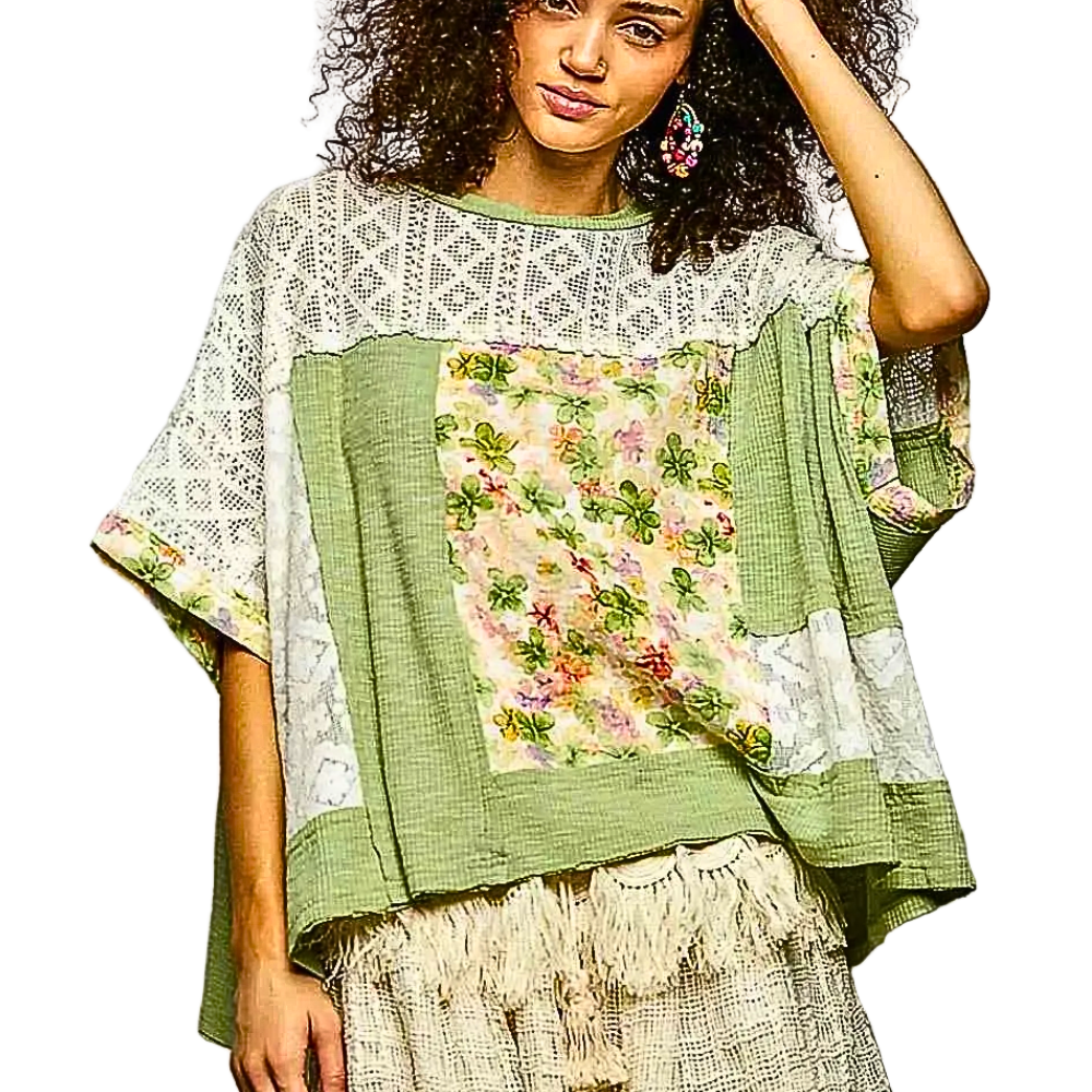 POL Floral Oversized Blouse Lace Patch Sage Green Round Neck Short Sleeve Loose Top