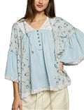POL Floral Patch Blouse with Lace Blue Double Gauze Women Casual Top - Styleinger