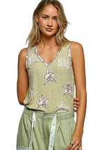 POL Floral Print Star Patch V-Neck Ribbed Tank