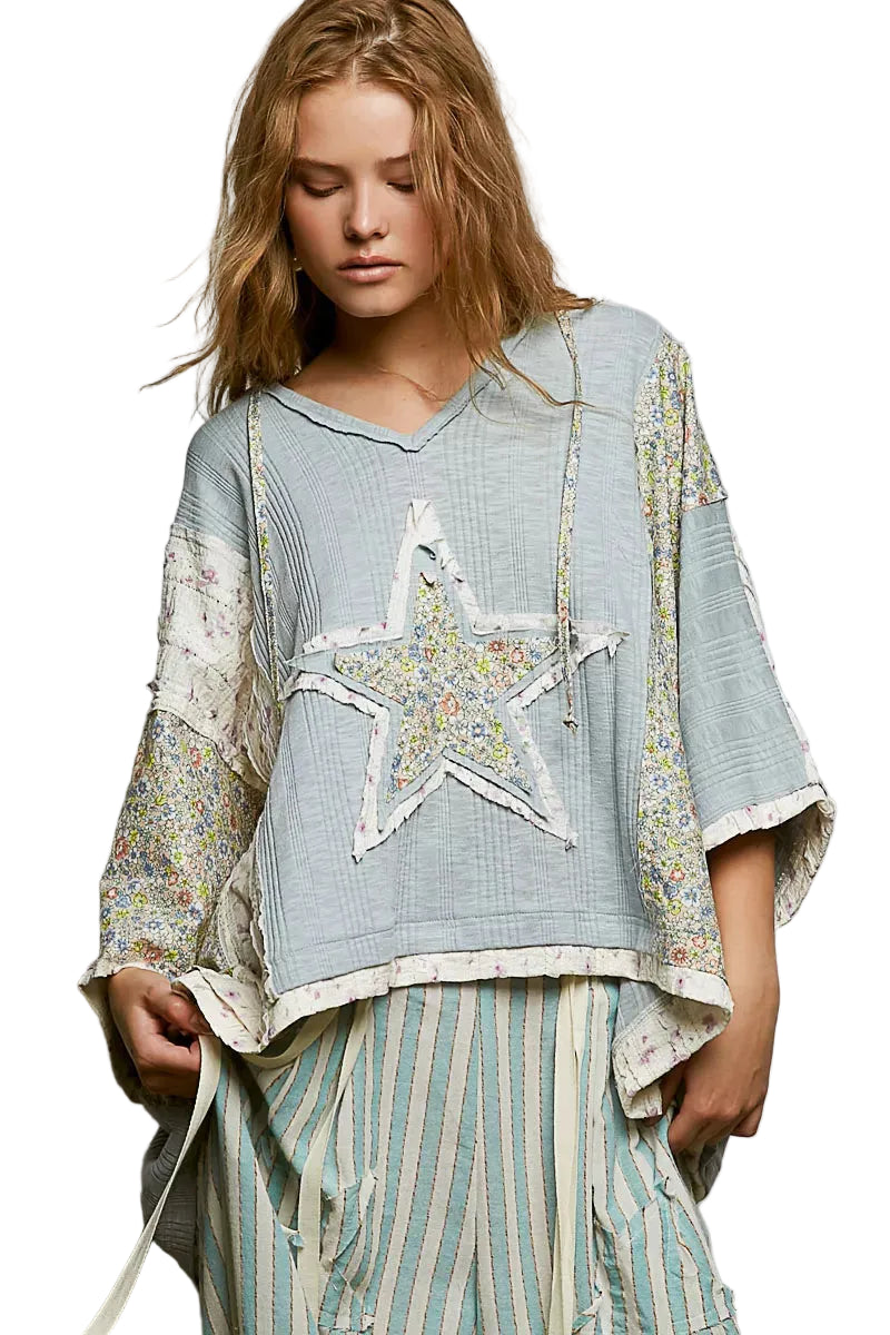 POL Floral Star Patch Hooded Blouse Steel Blue with Lace Contrast Detail Top