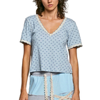 POL Floral T-Shirt Ribbed Baby Blue V-Neck Short Sleeve Casual Cotton Top Tee