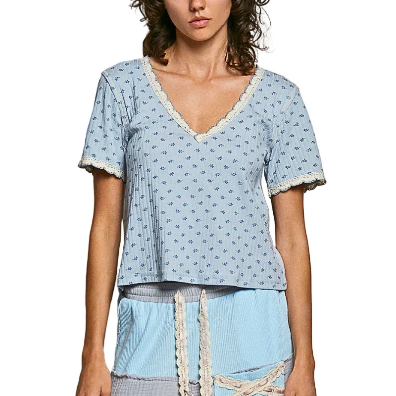 POL Floral T-Shirt Ribbed Baby Blue V-Neck Short Sleeve Casual Cotton Top Tee