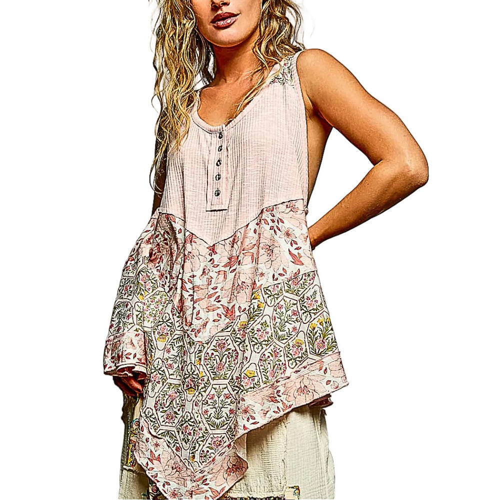 POL Floral Tank Top V-Neck Rib Buttoned Asymmetrical Ruffle Loose Boho Blouse