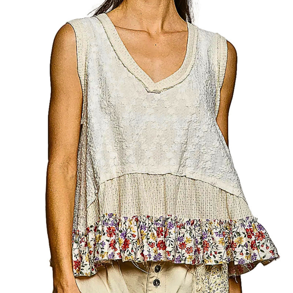 POL Floral V-Neck Textured Tank Cream Ruffle Trim Sleeveless Casual Loose Top