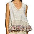 POL Floral V-Neck Textured Tank Cream Ruffle Trim Sleeveless Casual Loose Top