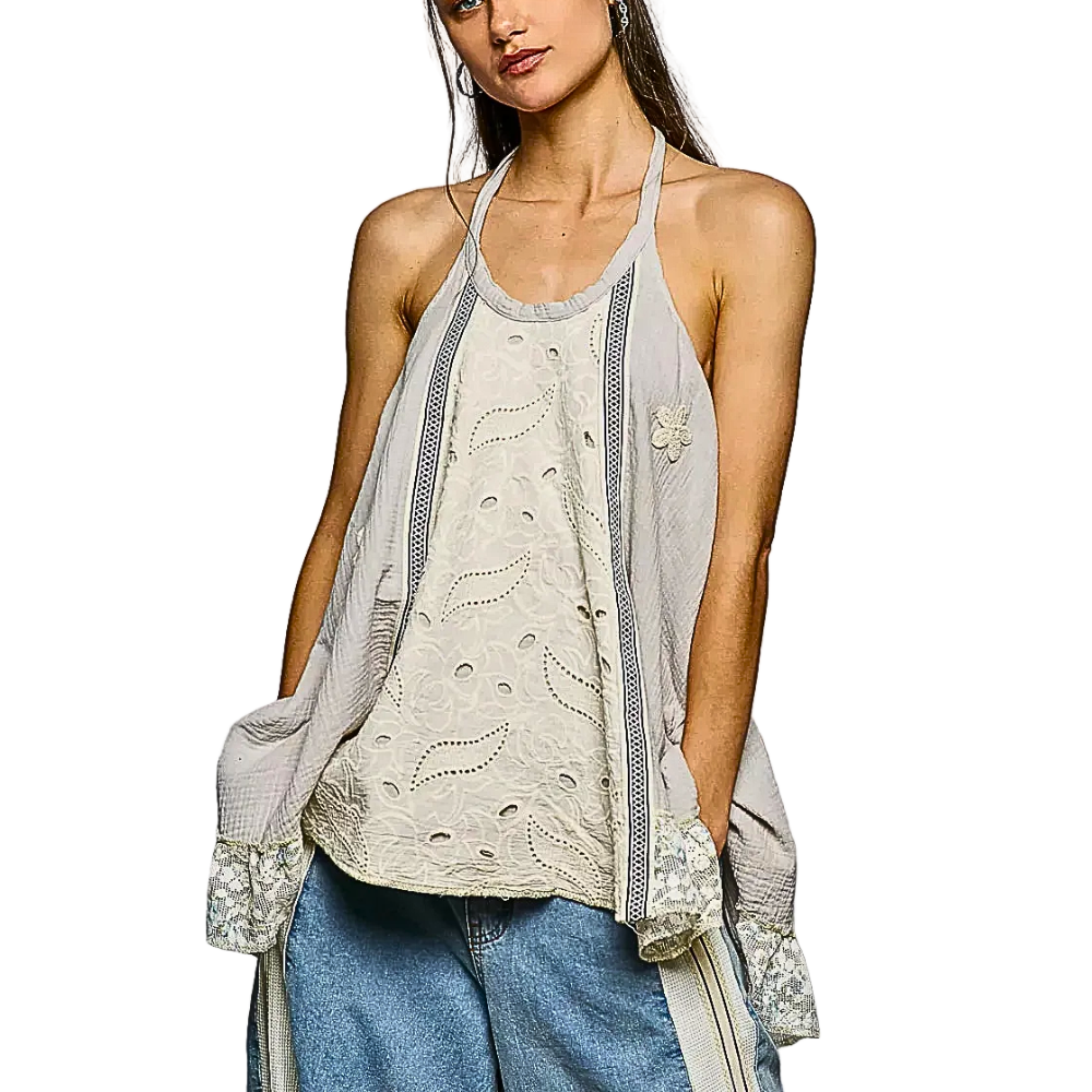 POL Halter Tank Top Crochet Floral Lace Trim Sleeveless Backless Ruffle Loose Top