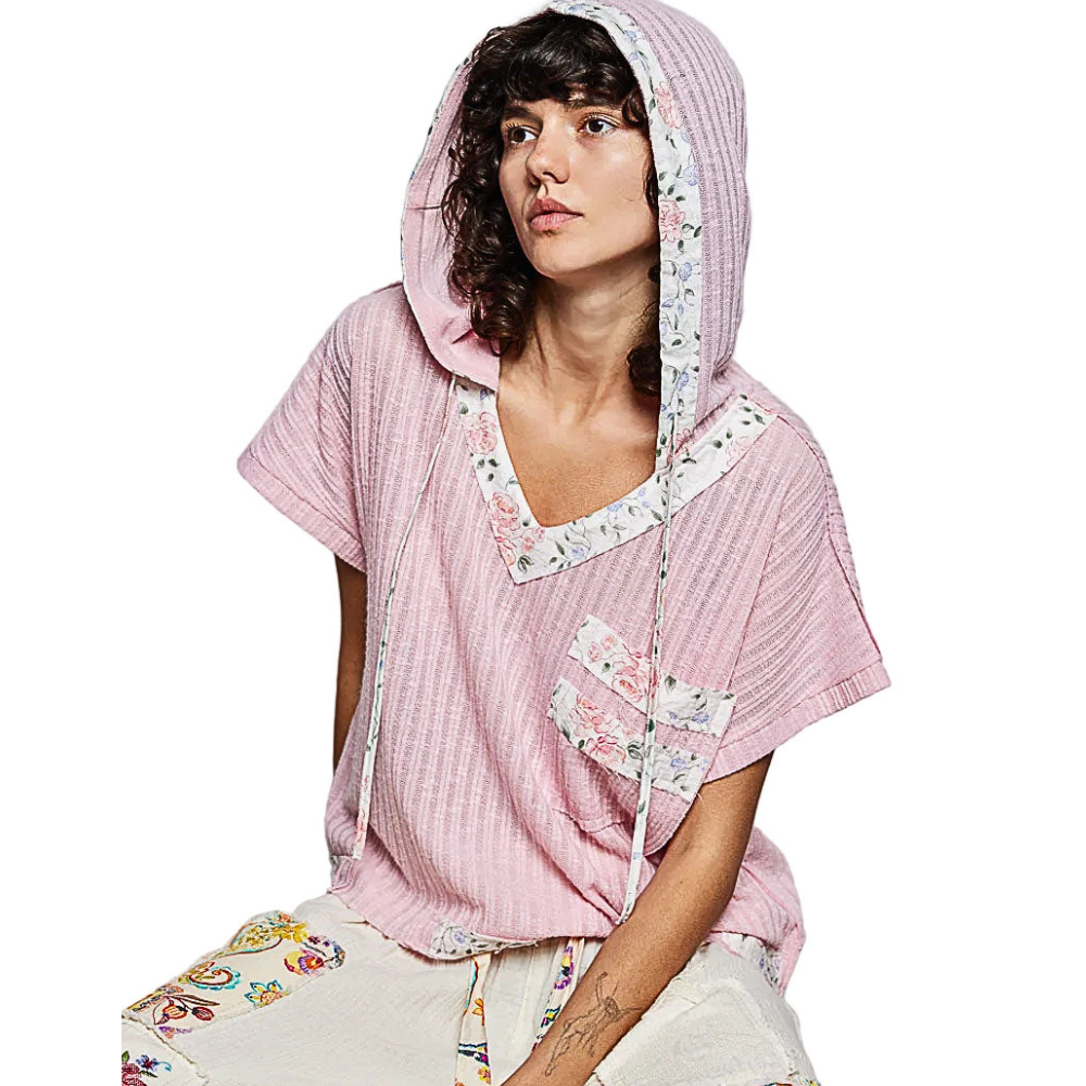 POL Hooded Rib Blouse V-Neck Floral Trim Pink Short Sleeve Loose Casual Top