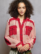 POL Hooded Shirt Red Texture Woven Buttonned with Drawstring Hem BLUSH RED MULTI POL_Hooded_Shirt_Red_Texture_Woven_Buttonned_with_Drawstring_Hem Trendsi