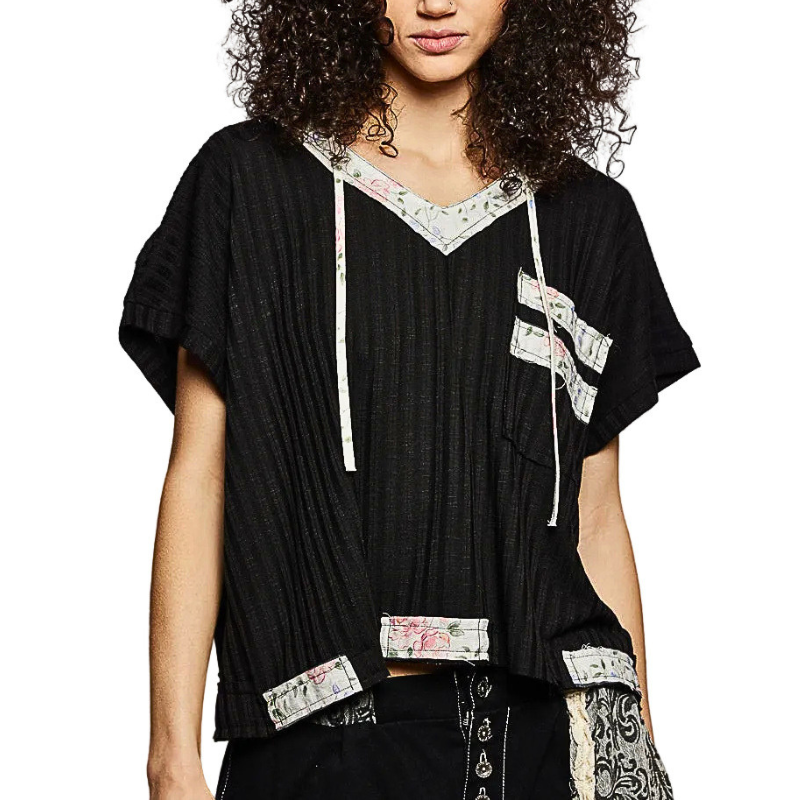 POL Hoodie Black Floral V-Neck Contrast Trim Ribbed Knit Lightweight Top Front Pocket