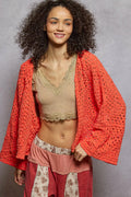 POL Knit Cardigan Neon Orange Open Front with Crochet Patterns NEON ORANGE POL_Knit_Cardigan_Neon_Orange_Open_Front_with_Crochet_Patterns Trendsi