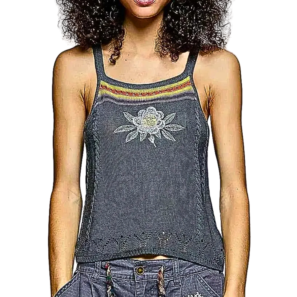 POL Knit Tank Top Floral Embroidered Sleeveless Black Cami Square Neck Blouse