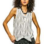 POL Knit Vest V-Neck Off White Wave Chrochet Button-Down Sleeveless Boho Top