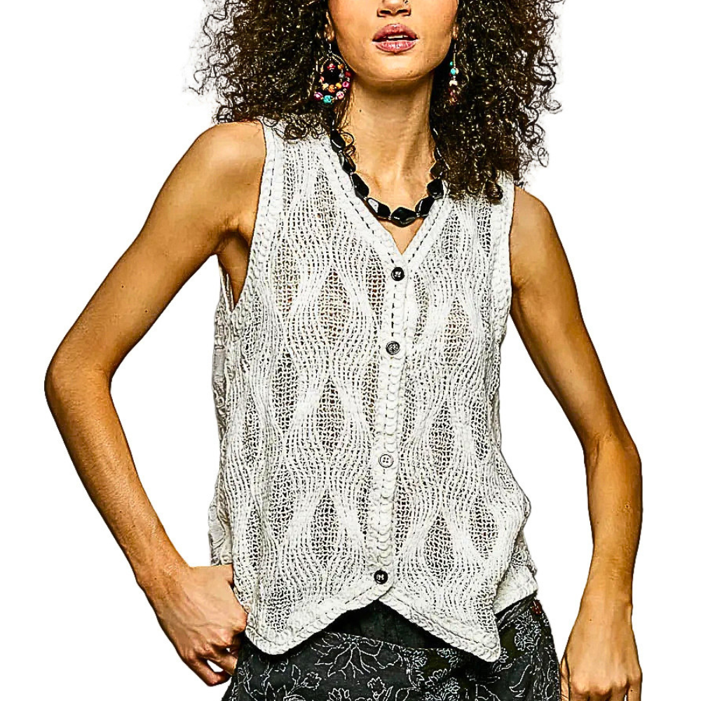 POL Knit Vest V-Neck Off White Wave Chrochet Button-Down Sleeveless Boho Top