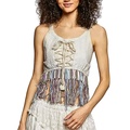 POL Lace-Up Tank Top Tassel Crop Lace Floral V-Neck Sleeveless Beige Boho Blouse